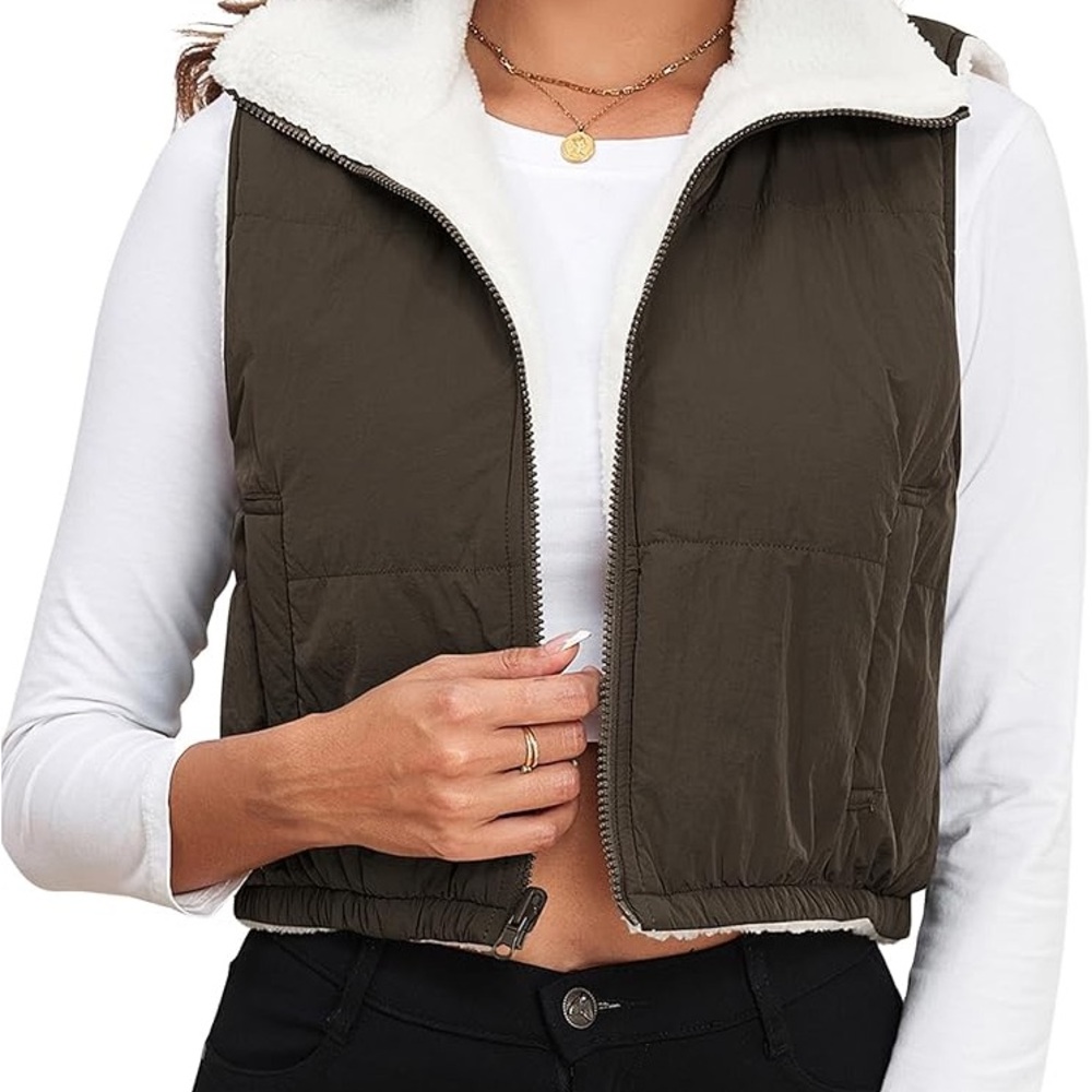 Women's Reversible Brown And White Puffer Vest